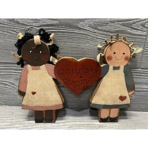 🎉HP🎉Country Cousins Wood Wall Hanging Rustic Girls 7.5” X 10” Handmade Vintage